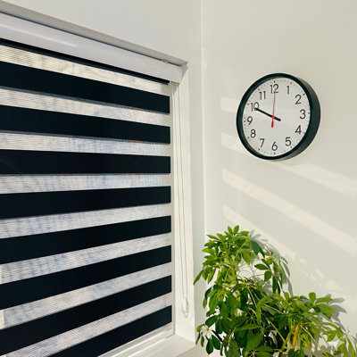 Shadesu Zebra Blinds for Windows, 35" W x 72 H, Black, Dual Layer Free-Stop Zebra Shades, Light Control for Day and Night, Sheer Blinds for Indoor Windows, Bedroom, Kitchen