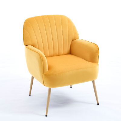 Fauteuil d'appoint en velours, fauteuils de salon rembourrés modernes, fauteuil simple de luxe avec pieds en métal, fauteuils demi-tonneau confortables pour le salon, la salle d'attente, la chambre à coucher, le bureau et le café, jaune