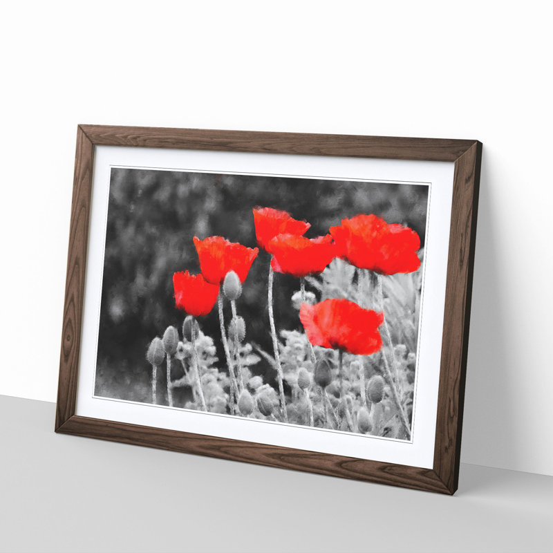 Red Poppy Field - Single Picture Frame Painting on MDF, 40cm H x 60cm W x 2cm D, Walnut