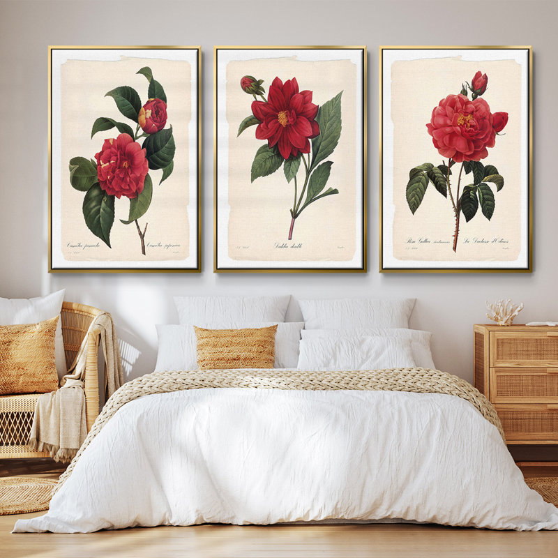 Red Botanical I, ensemble de 3 toiles encadrées sur toile, H 40 po x l 78 po, Or