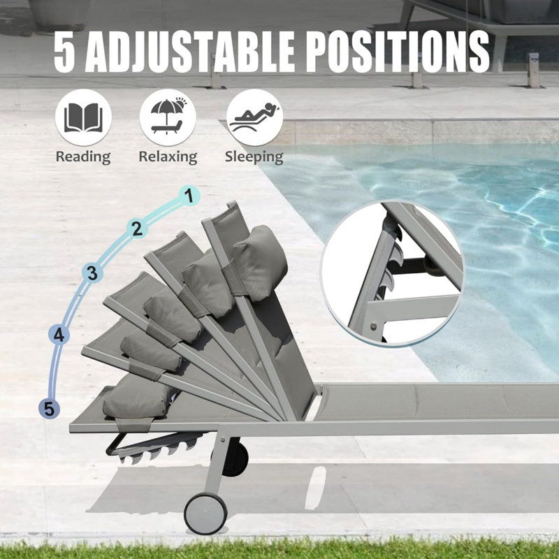 Outdoor Adjustable Backrest Leisure Recliner (Set of 2 Chairs with Table), Grey