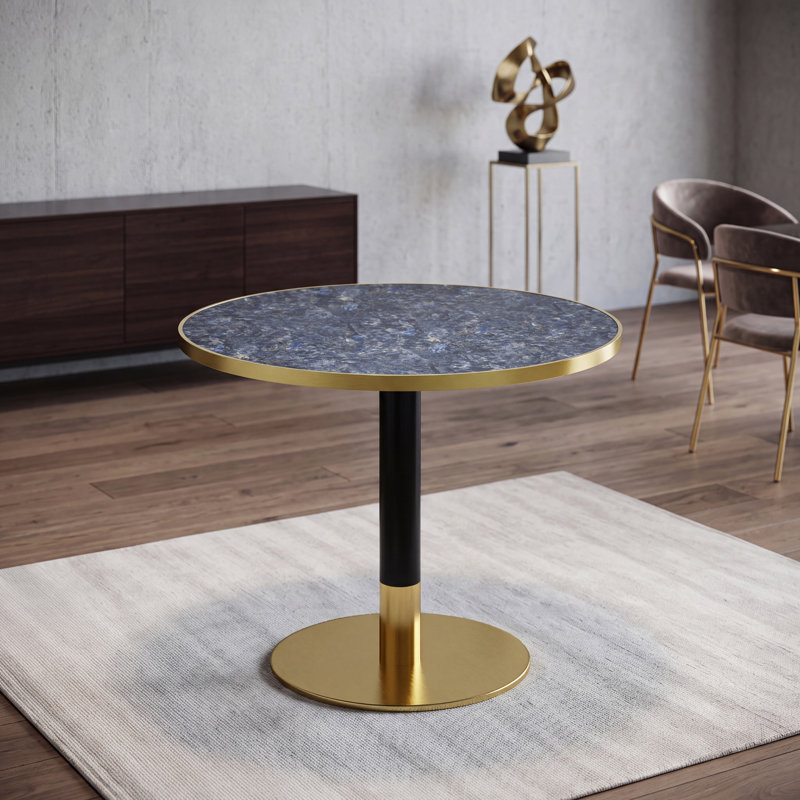 Table de salle à manger ronde en pierre frittée avec piédestal doré noir, Bleu saphir