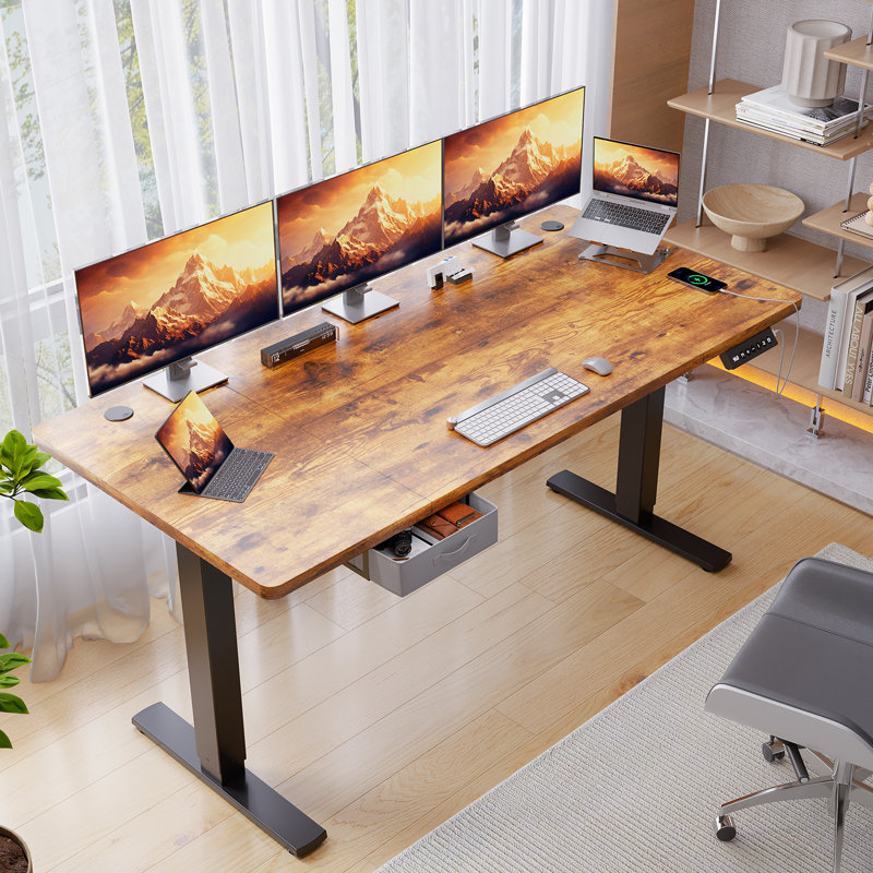 Electric Standing Desk Wide Desktop Height Adjustable Standing Desk With Drawer&Hooks, Brown, Black, 118" H x 180" W x 80" D