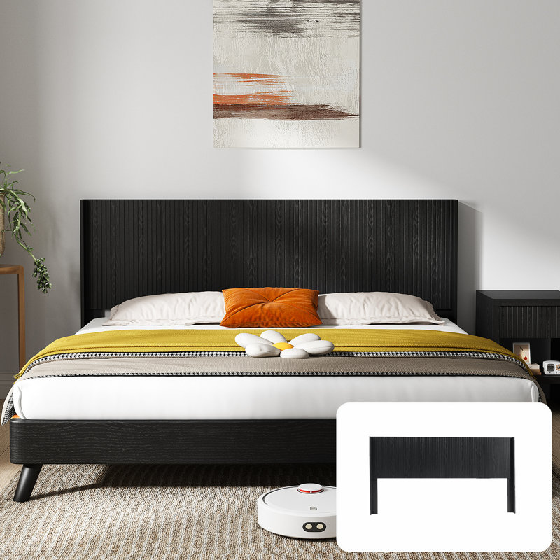 Queen Size Wood Headboard, 64.4" Wide, Modern Style, Wall Mounted Fluted Panel, Wingback Design, Black Oak With Elegant Real Look, Contemporary 3D Carving, And , Easy To Assemble Wide Headboard For -
