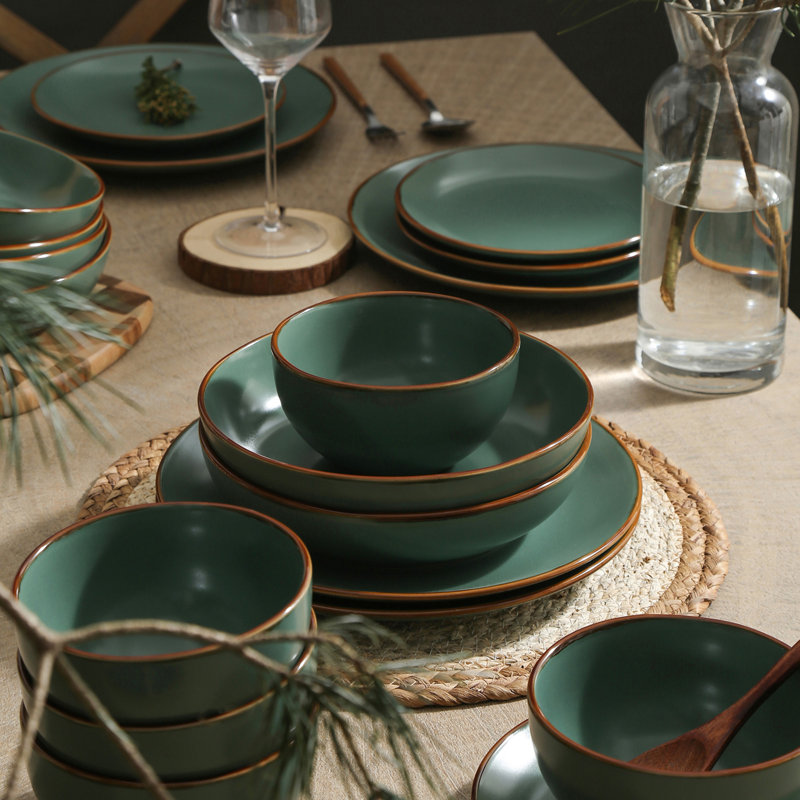 Green Ceramic 32-Piece Dinnerware Set with Gold Detailing