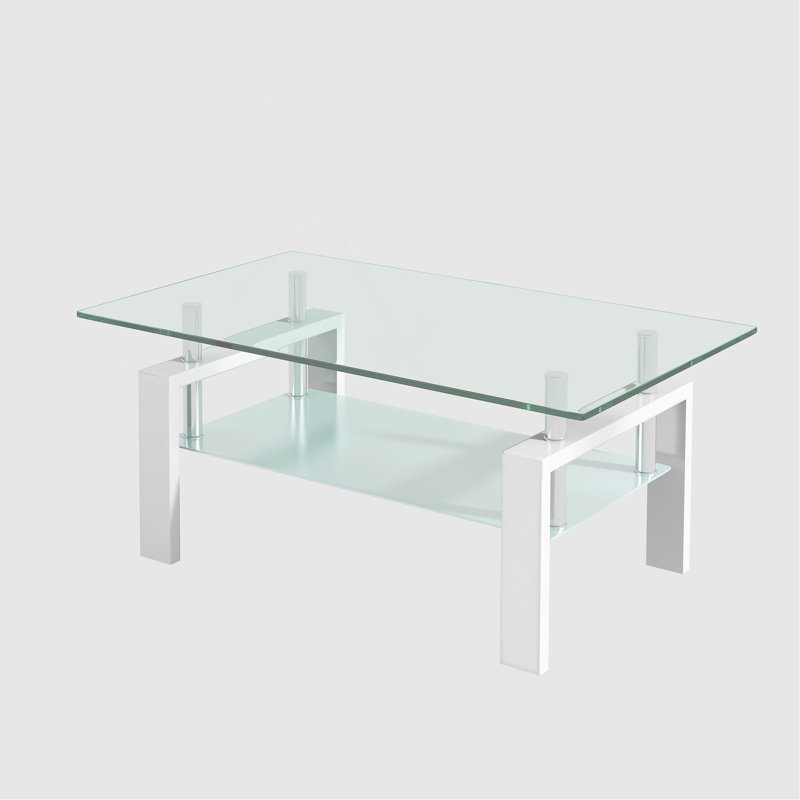 2-Layers Tempered Clear Glass Coffee Table, Clear, White, 17.32" H x 39.37" L x 23.62" D
