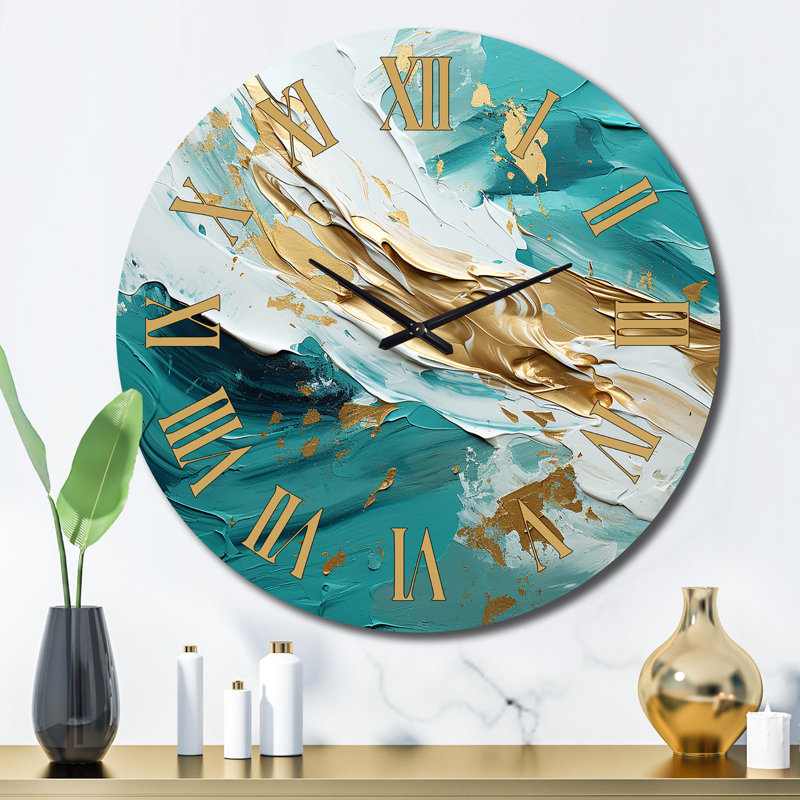 Golden Morning Glory, peinture or sur sarcelle - horloge murale moderne Mid-Century, Grand