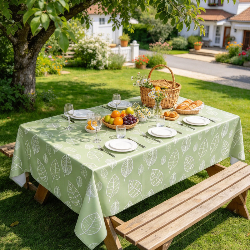 Sage Green Leaves Oilcloth Tablecloth - Wipe Clean & Durable Protection