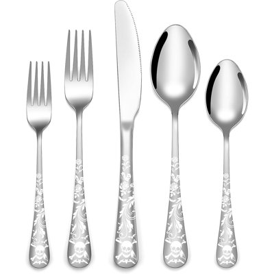 40-Piece Skull Pattern Flatware Set For 8, Gothic Pirate Rose Silverware With Skeleton Flower Bat Butterfly Design, Mirror Polished Stainless Steel Tableware For Halloween Party Gift