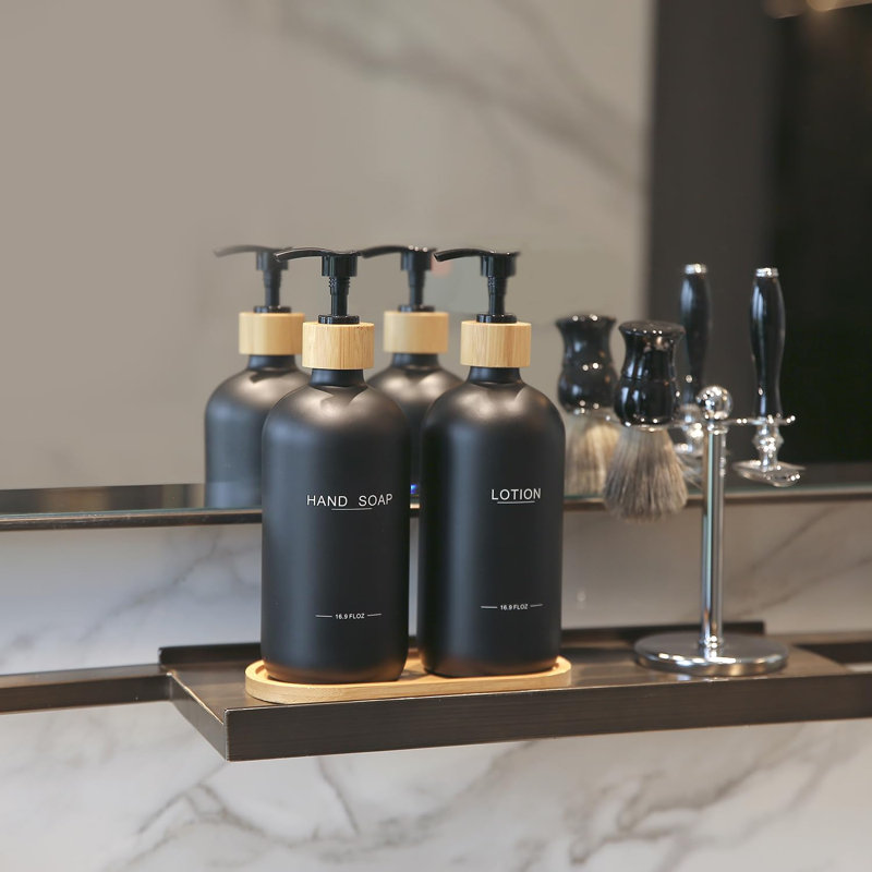 Ensemble de distributeur de savon, pompes et plateau en bambou, savon à main et distributeur de lotion convenant au décor de comptoir de salle de bain