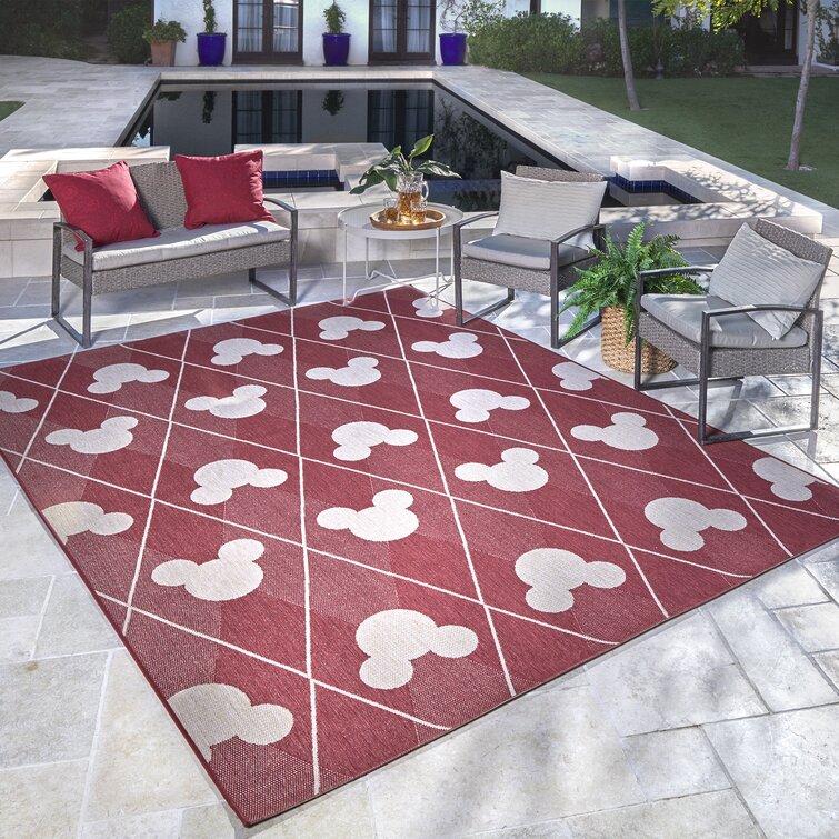Licensed Disney Mickey Mouse Red Modern Argyle Indoor/Outdoor Flatweave Area Rug
