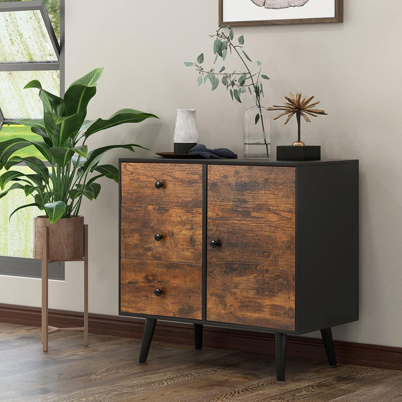 Buffet à 3 tiroirs en bois, tablette réglable, brun rustique et noir