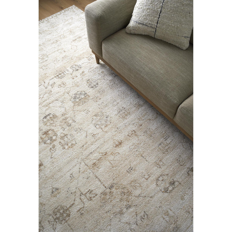 Cannes Hand Knotted Vintage Look Area Rug in Ivory, Rectangle 4' x 6'