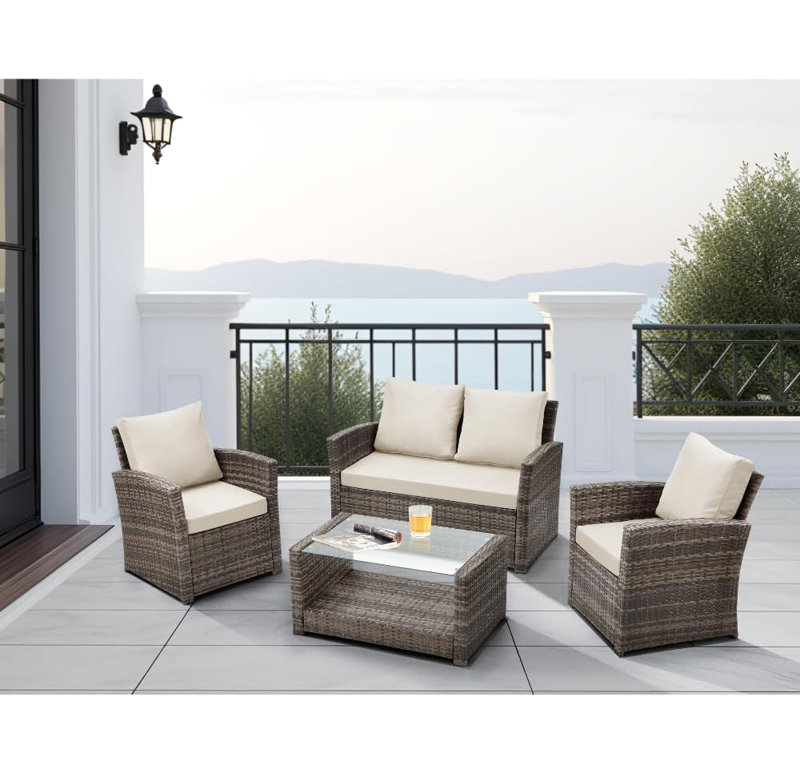 Tavis 4 - Person Garden Lounge Set with Cushions, Cream/Cedar Brown