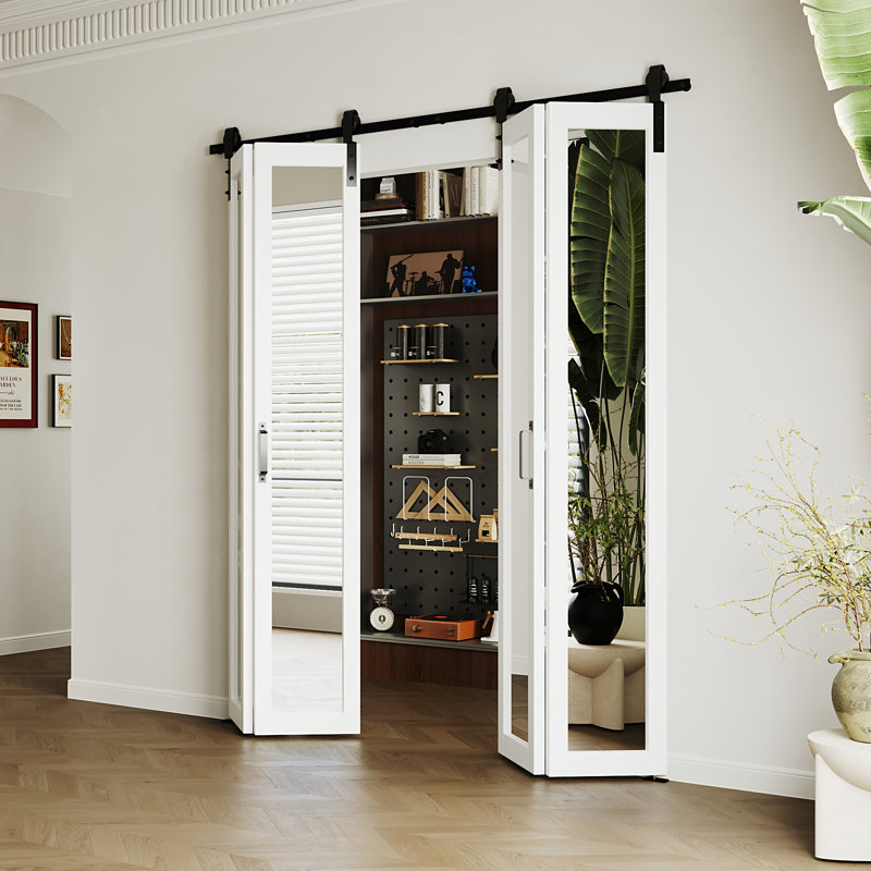Porte de grange pliante à miroir à surface coulissante avec quincaillerie, 48 po x 84 po, 2