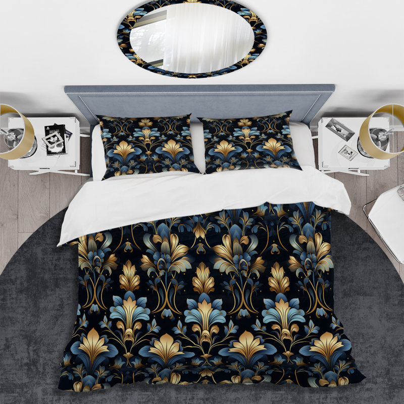 Gold And Blue Luxury Damask Pattern - Ikat Duvet Cover Set, Twin Duvet Cover + 1 Standard Sham
