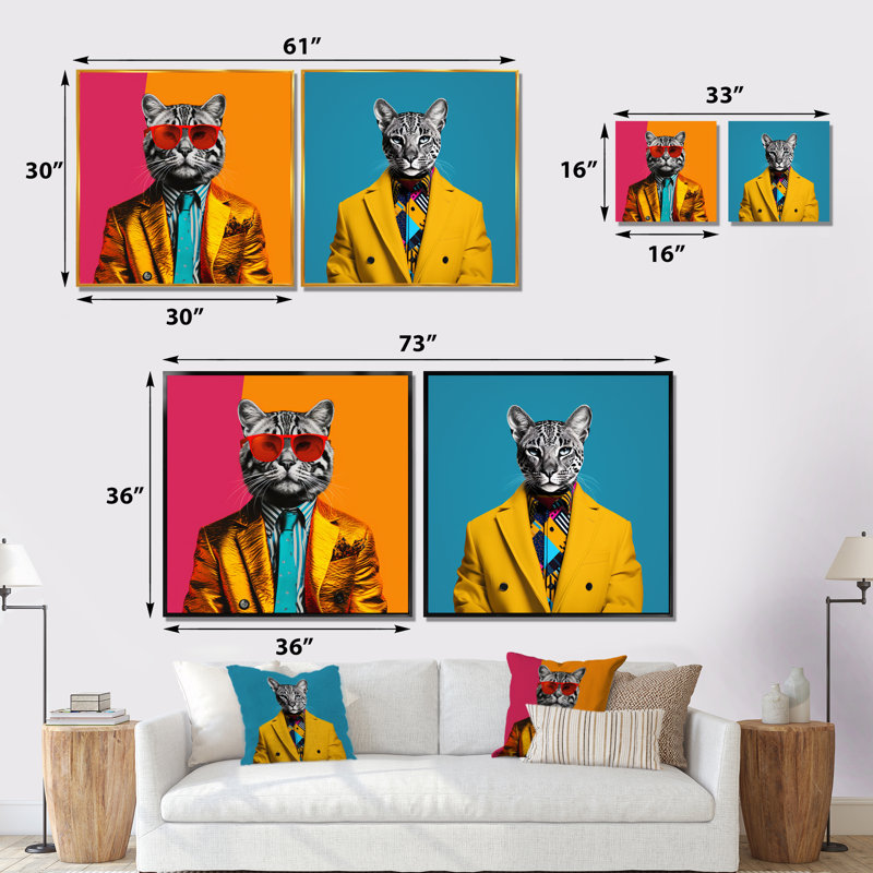 «Popart Iconic Cat In suit I», ensemble de 2 reproductions d'art sur toile, Cadre flottant doré, H 16 po x l 33 po x P 1 po