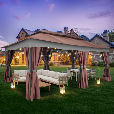 Pavillon de jardin d'extérieur robuste 12X20 avec rideaux, pavillon de jardin à double toit et structure en acier pour la fête, la cour, la terrasse et le jardin