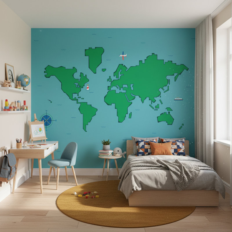 Papier peint carte du monde amovible bateau, L 108 po x l 140 po