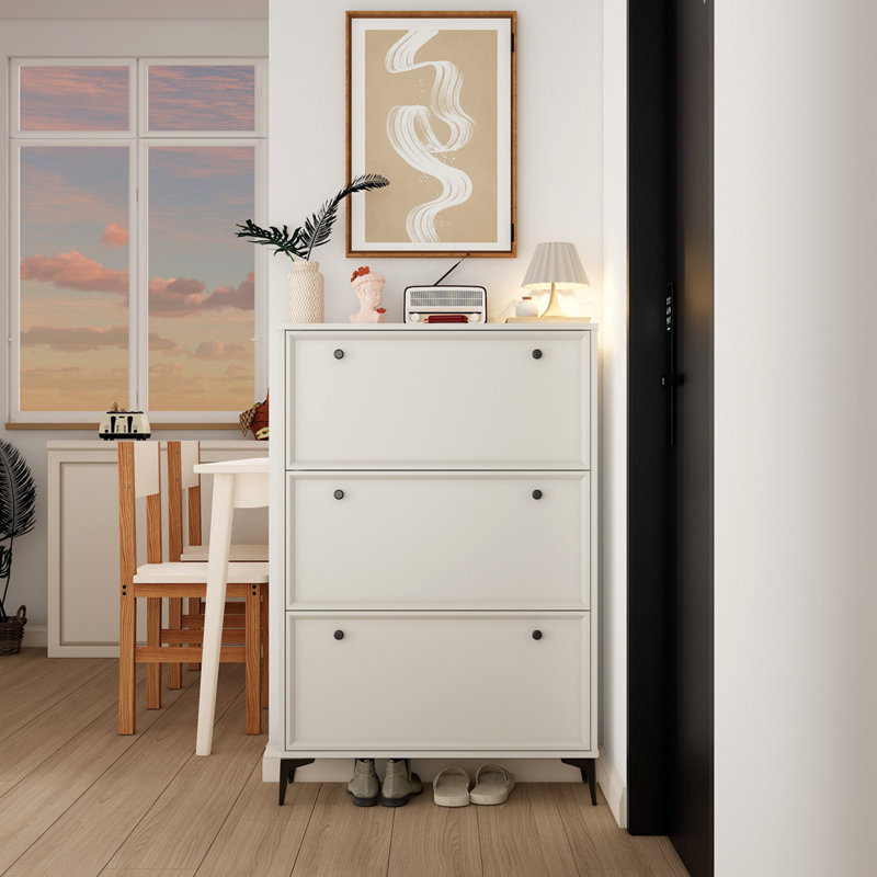Modern And Stylish White Shoe Cabinet With 3 Flip Drawers, Entrance Shoe Cabinet, Narrow Shoe Rack Cabinet, Hidden Shoe Cabinet With Independent Legs