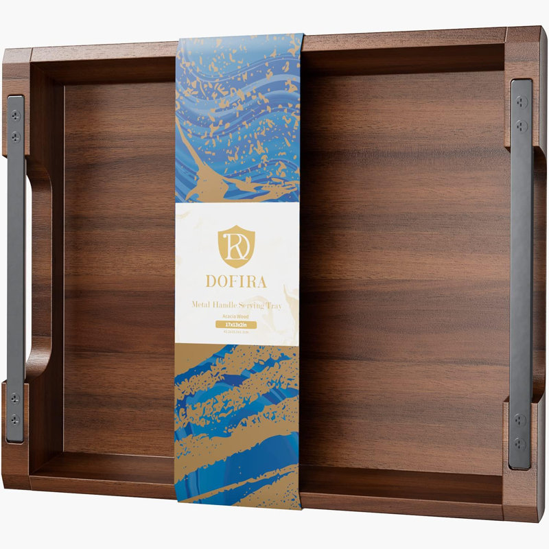 Acacia Wood and Metal Handle Serving Tray, 17x13in