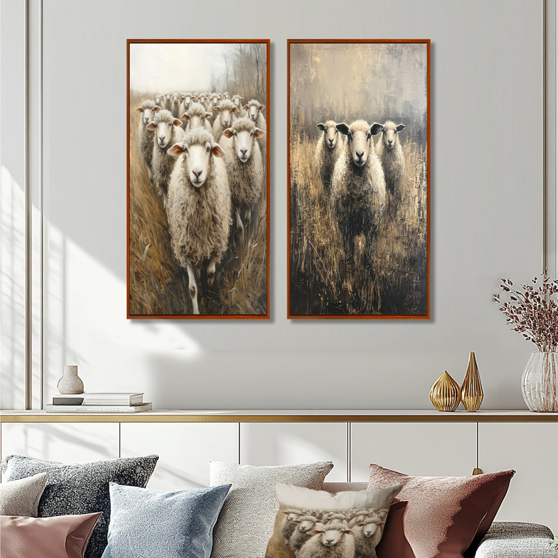 Minimalisme moutons Woolly Wanderers I - animaux, collection d'art mural 2 panneaux, H 28 po x l 25 po, Cadre flottant brun