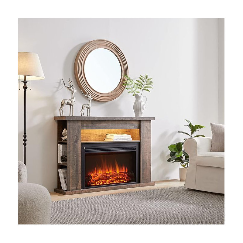 LIPSON FLAMME Electric Fireplace, Rustic Dark Oak, 88cm H x 130cm W x 28cm D