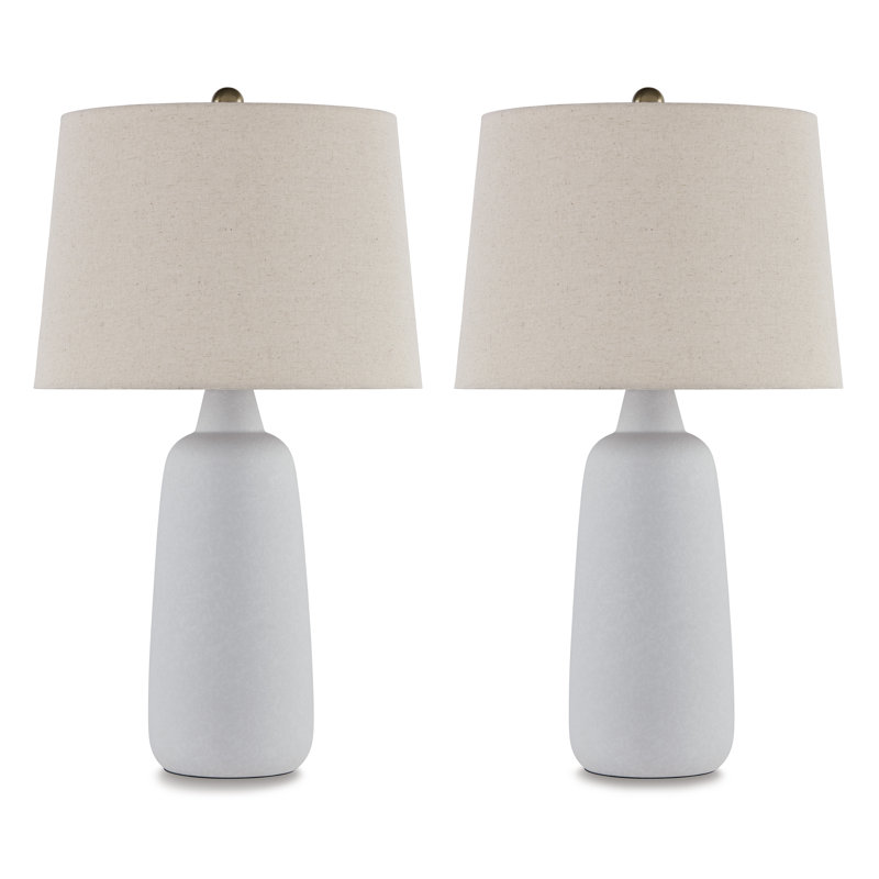 White Ceramic Table Lamp Set with Beige Empire Shade and 3-Way Switch