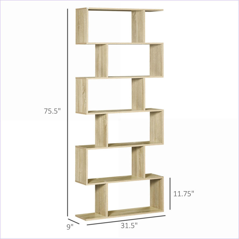 Bookshelf | S-Shaped 6 Shelf 75.5"H Walnut Brown | Free Standing Anti-Tip | Engineered Wood, Natural