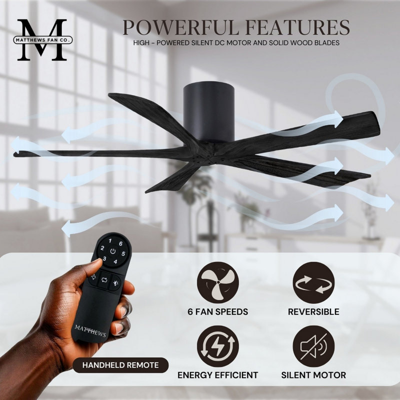 60" Irene 5-Blade Hugger Ceiling Fan with Wall Remote, 42", Matte Black, Matte Black