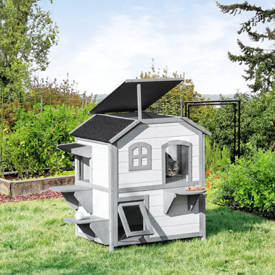 2-story Cat Den - Outdoor Wooden Enclosure With Escape Hatch For Cats, Open Roof, Jumping Platforms, White Cottage Openable