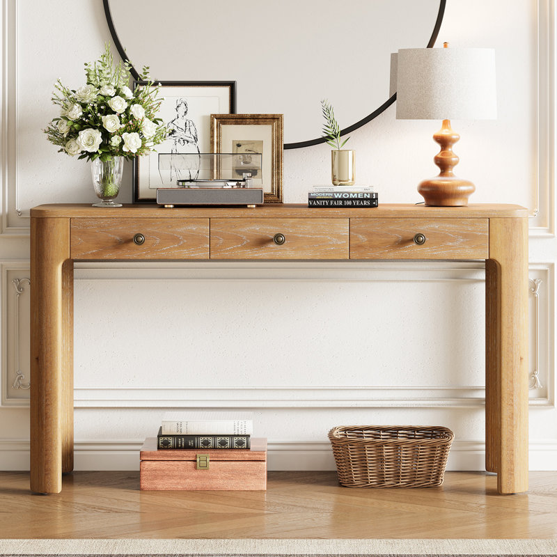 Console rétro classique avec 3 tiroirs et pieds en bois massif Solstice, Naturel