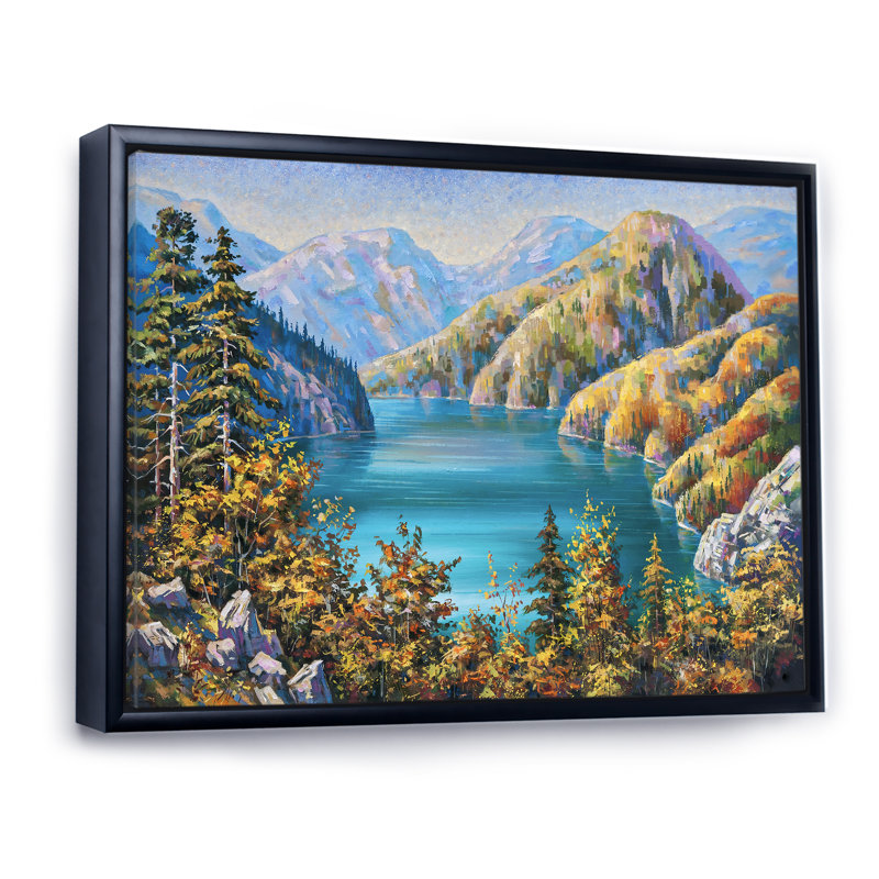 Pittoresque lac Ritsa en fin d'automne - Peinture sur toile, H 16 po x l 32 po, Toile à cadre flottant noir