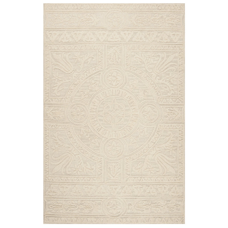 Ferrera Floral Handmade Tufted Wool Light Gray/Ivory Area Rug, Rectangle 4' x 6'
