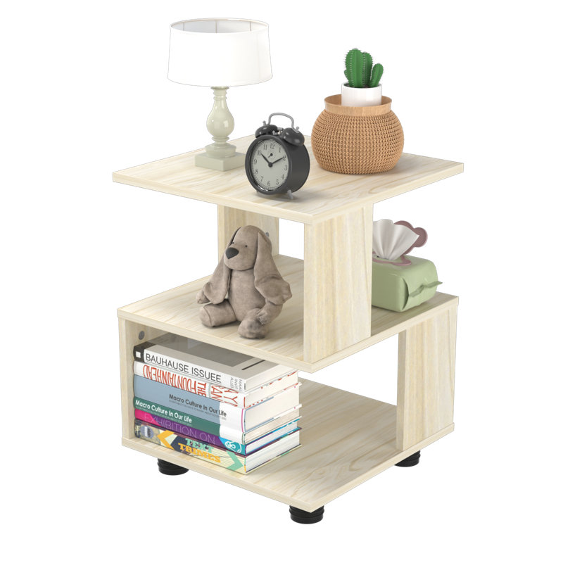 Single Cubic Open Bedside Nightstand, Light Natural Grain Manufactured Wood Board with Black Rubber Base Pads, Natural