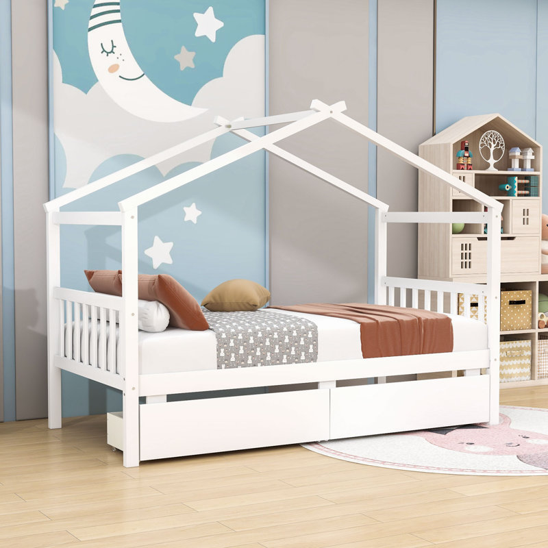 Lit simple en bois avec deux tiroirs de rangement Autym, Blanc