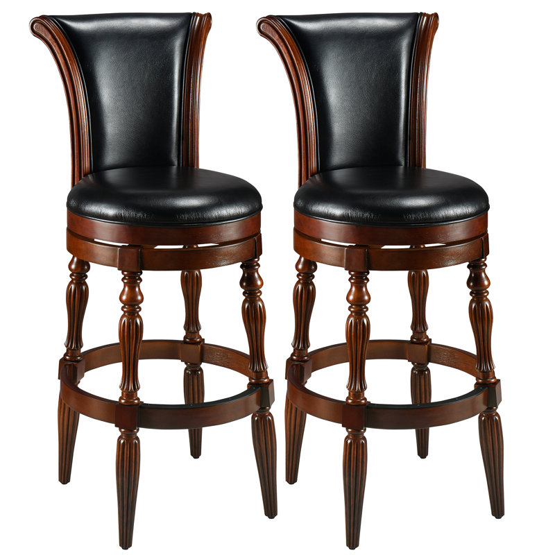 Laiklyn Swivel Solid Wood Bar Stool with PU Upholstered Cushion and Footrest, Black, 2