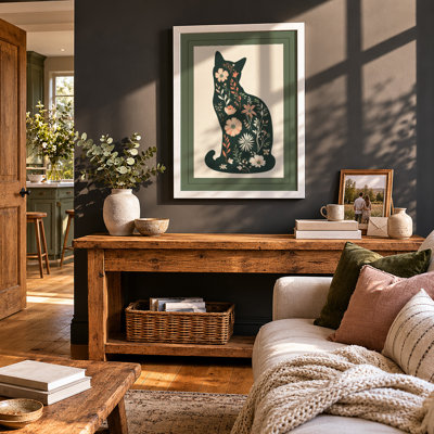 Botanical Cat in Bloom Boho - Framed Print