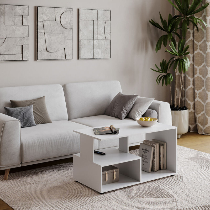 Aylinne Solid Wood Coffee Table with Storage, White, White
