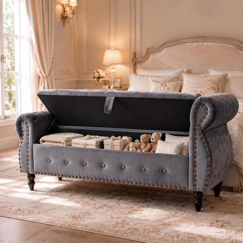 151 cm W Velvet Ottoman, Grey