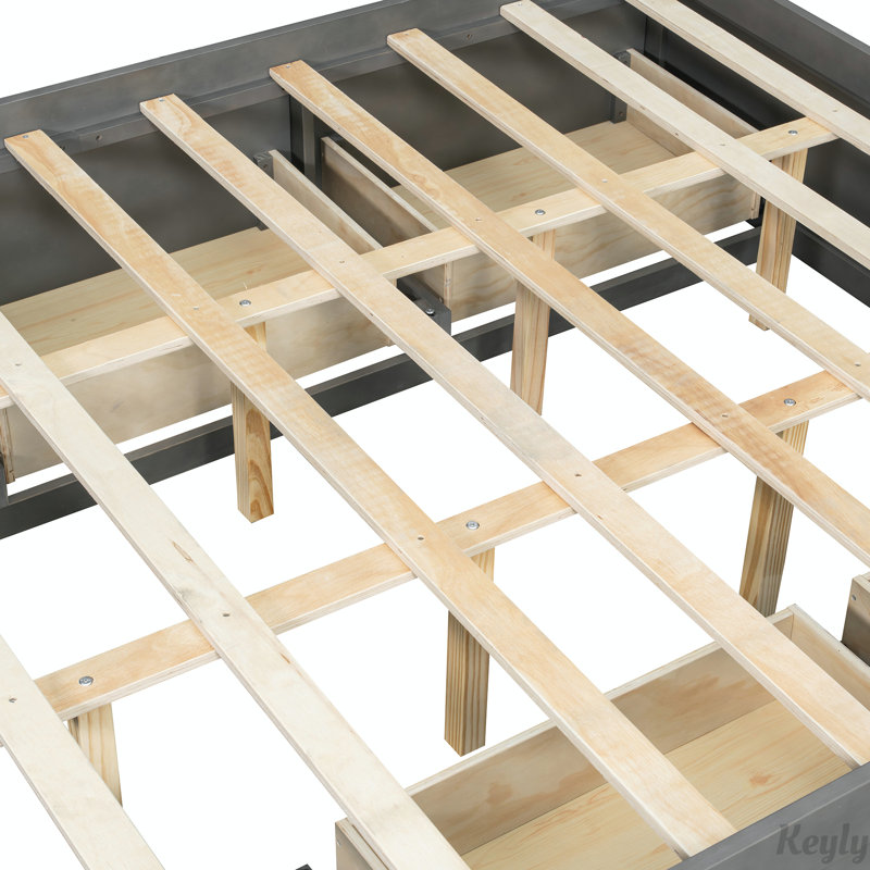 Structure de lit plateforme grand format avec 4 tiroirs de rangement et un casier de rangement au pied de lit, sans tête de lit, conception moderne peu encombrante
