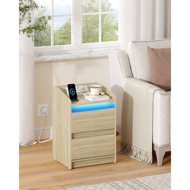 Bedside Table Set of 2 with LED Lights, Bedside Cabinet with Charging Station and 2 Drawers, Nightstand with USB Ports & Power Outlet for Living Room and Bedroom 