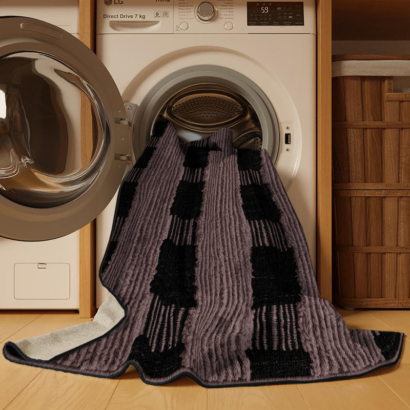 Tapis damier noir lavable à la machine, Rectangle 7 pi x 9 pi