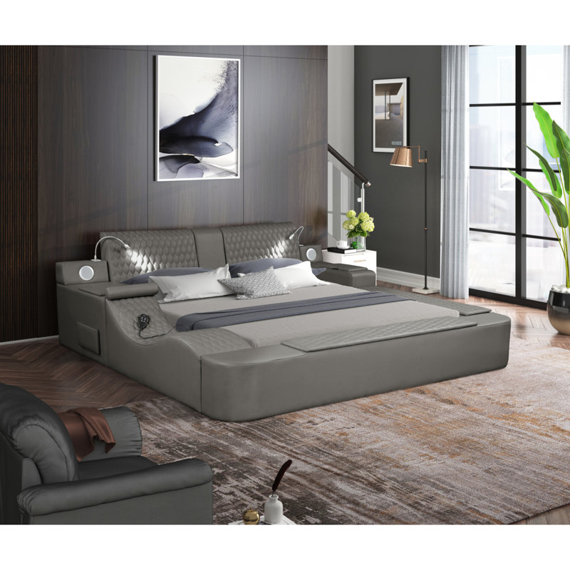 Grand lit masseur multifonctionnel en bois et similicuir gris Zoya, Grey, Grand lit