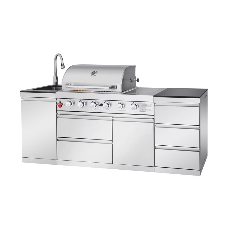 Station de barbecue d'extérieur 83,3 po 4 + 1 brûleurs au gaz propane 8315 po BTU, acier inoxydable 304, évier intégré, argent