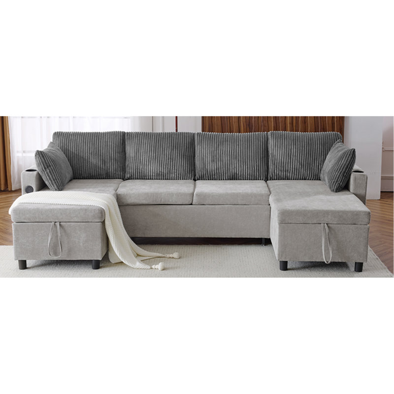 113.4" Sectional Sofa Pull-Out Sofa Bed Versatile Sofa Sleeper With Large Storage Space, Two USB Ports And Two Cup Holders For Living Room, Grey