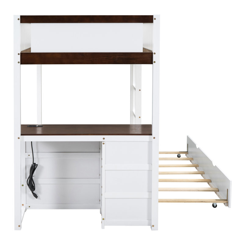 Twin-Over-Twin Bunk Bed With Twin Size Trundle, Storage And Desk, White+Walnut
