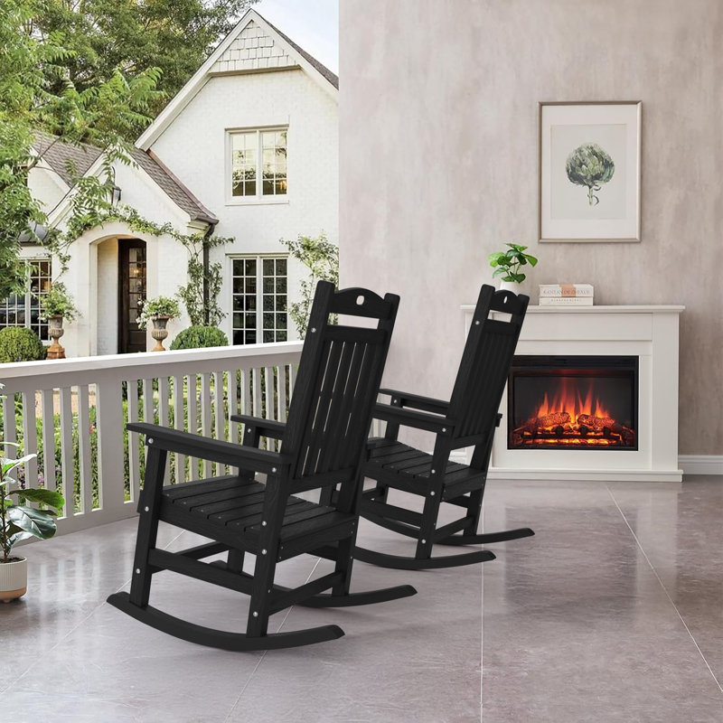 Outdoor Adirondack Rocking Chair HIPS All Weather Oversized Plastic Patio Chair Rocker, Black