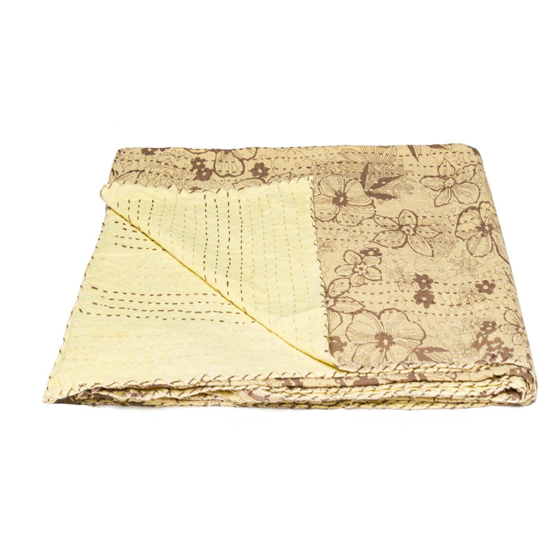  Jeté 50 po x 70 po en coton Kantha, Beige / brun