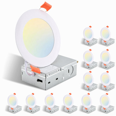 12-Pack 4 Inch Ultra-Thin Led Recessed Ceiling Light With Junction Box, 2700K-5000K Dimmable Color Changing Downlight, 9W 810Lm, Easy Install, Ideal For Kitchen, Bedroom, Basement